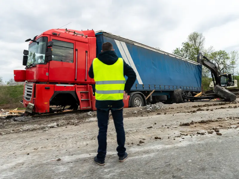 Image showing a person investigating a semi truck accident scene.