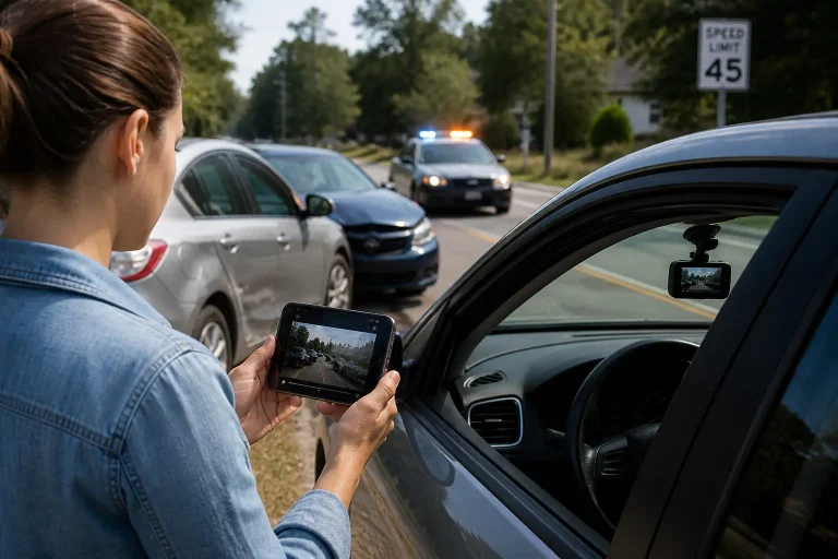 Dash cam car accident evidence showing driver reviewing footage after a Georgia car accident