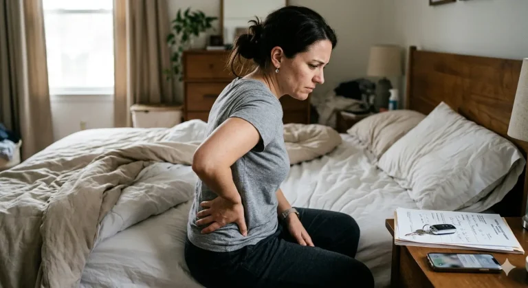 Woman experiencing delayed neck and back pain the morning after a car accident.