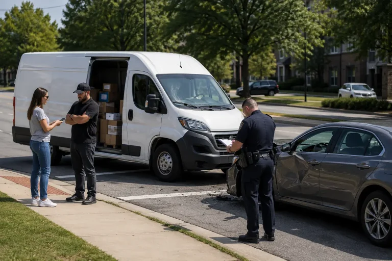 Unbranded delivery van and damaged car after a Georgia delivery truck accident