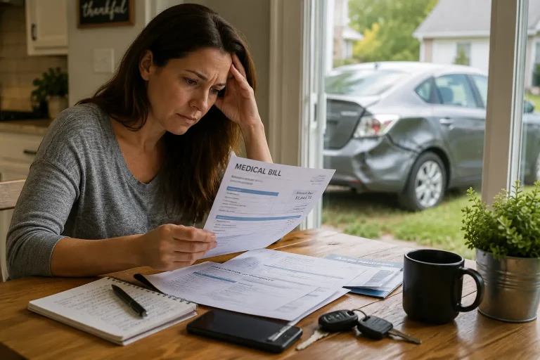 Woman reviewing medical bills and auto insurance paperwork after a Georgia car accident with a damaged car visible outside.