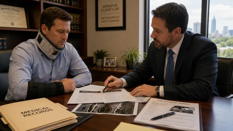 Personal injury attorney reviewing medical records with a Georgia car accident victim who has a pre-existing condition.