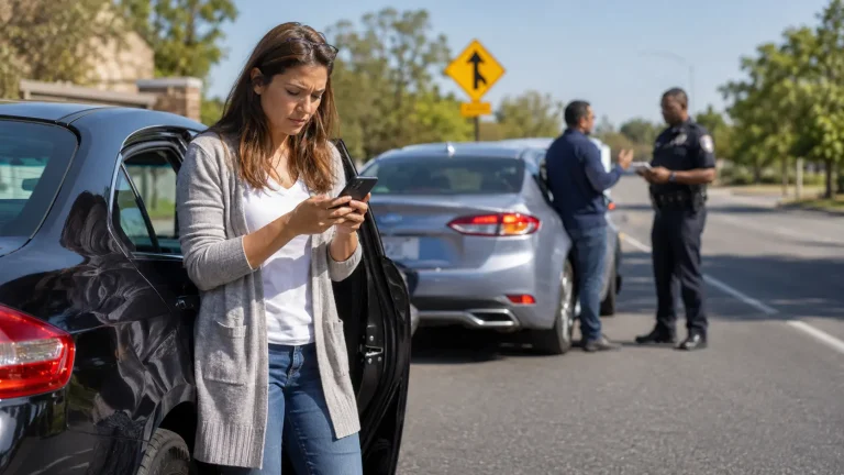 Georgia rideshare accident lawyer scene showing a passenger checking ride details after an Uber or Lyft crash.