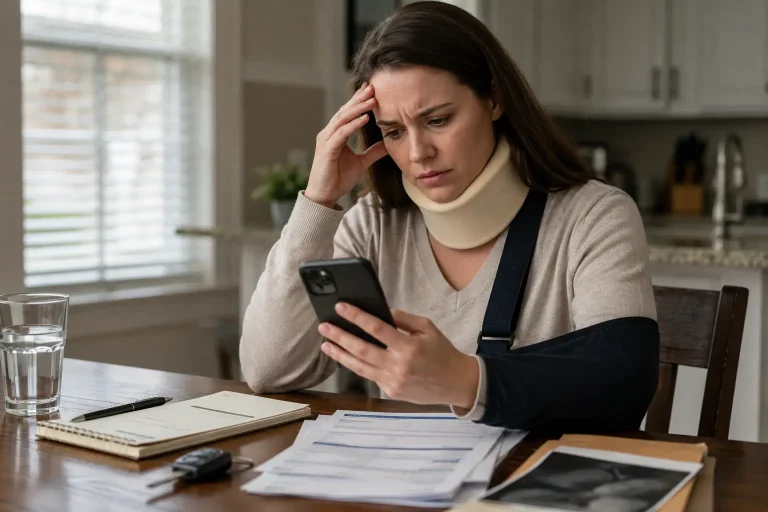 Injured woman with a neck brace and arm sling looking worried while checking her phone beside medical documents after an accident.