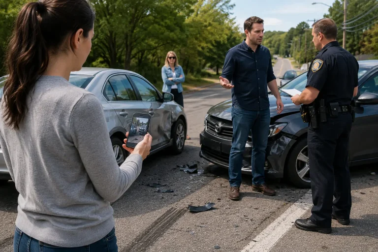 Woman photographs car accident evidence while another driver speaks to a police officer after a Georgia crash.