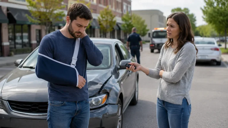 Injured driver with an arm sling standing beside a damaged borrowed car while the owner holds the key fob after a Georgia accident.