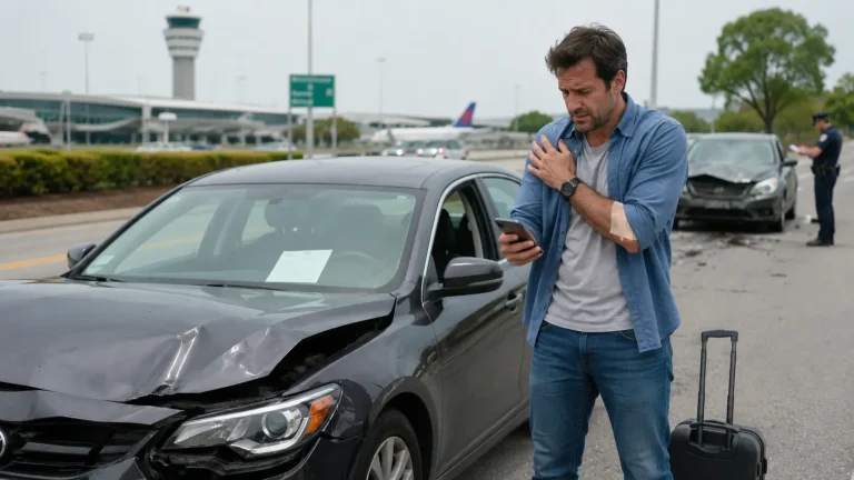 Injured driver standing beside a damaged rental car near an airport in Georgia after a crash, checking a phone while police document the scene.