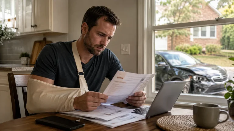 Injured Georgia car accident victim reviewing medical bills and lost wage paperwork at home with a damaged car outside.