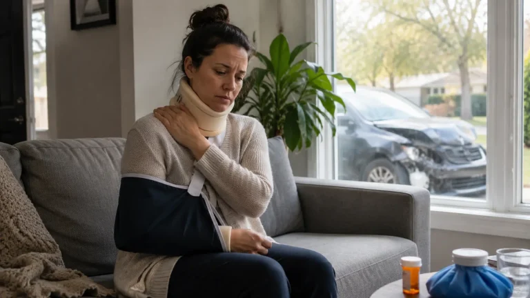 Injured Georgia car accident victim recovering at home with a neck brace and arm sling while a damaged car sits outside.