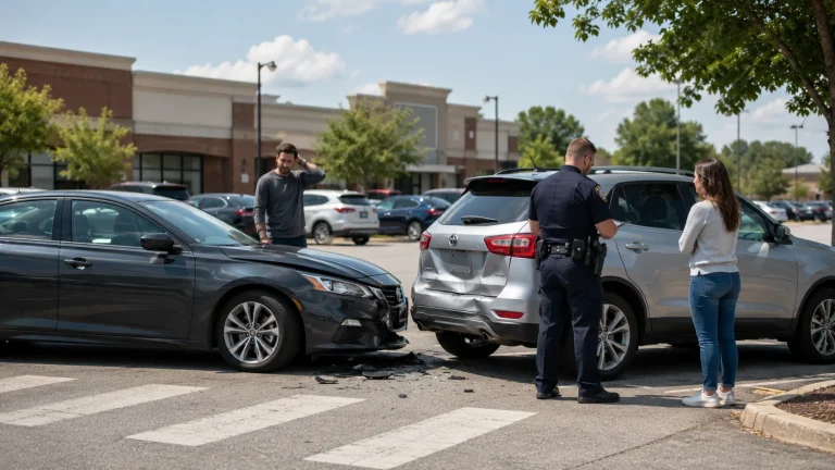 Two damaged vehicles in a Georgia parking lot accident while police document the crash and drivers discuss what happened.