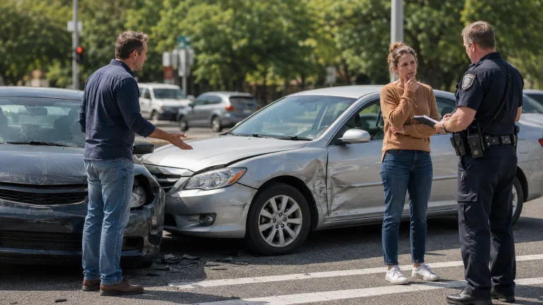 Two Georgia drivers discussing a partially at fault car accident with a police officer beside damaged vehicles.