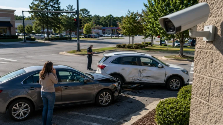 Surveillance camera overlooking a Georgia car accident scene with damaged vehicles, a driver calling for help, and police documenting the crash.