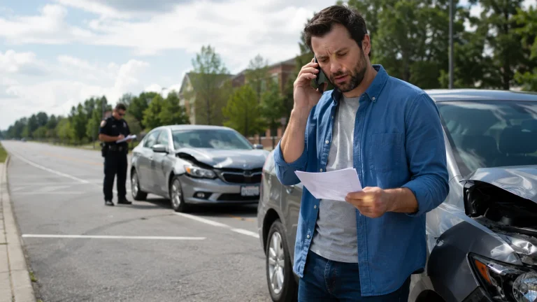 Worried driver calling for help after an uninsured driver accident in Georgia while police document the crash scene.