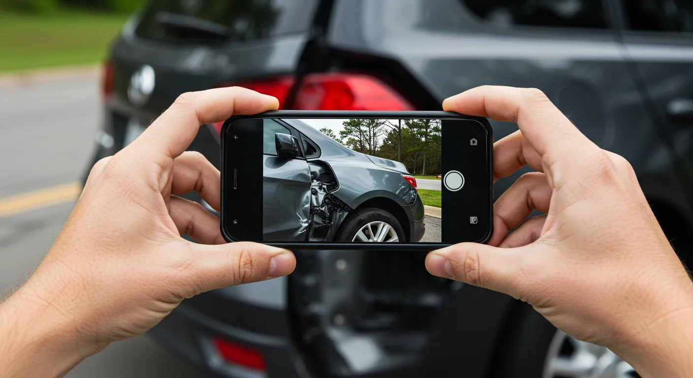 Driver photographing vehicle damage after a Georgia car accident to preserve evidence for an injury claim.