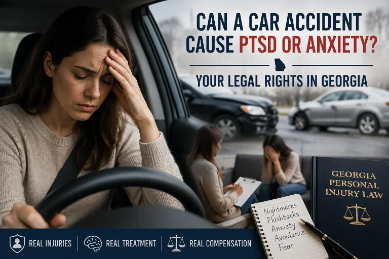 Distressed Georgia car accident victim experiencing anxiety inside a vehicle after a crash, with legal and mental health claim themes shown.