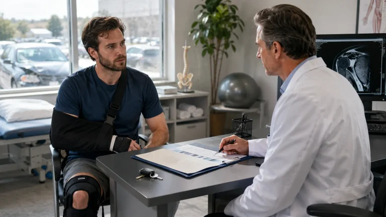 Injured Georgia car accident victim discussing future medical treatment with a doctor in a clinic after a serious crash.