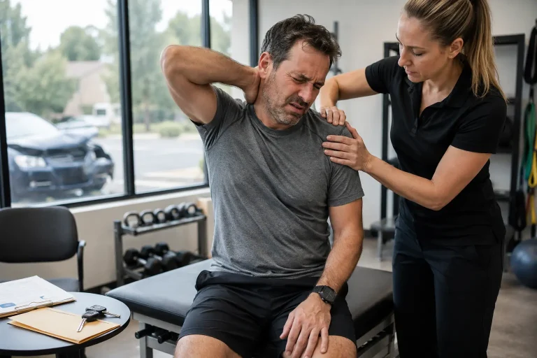 Georgia car accident victim in physical therapy for neck and shoulder pain while a damaged vehicle is visible outside the clinic.