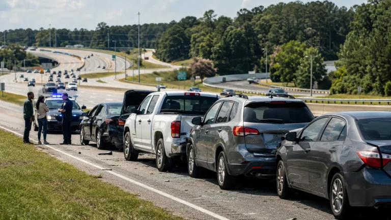 Multi-vehicle accident on a Georgia highway with damaged cars, police response, and drivers discussing the crash scene.