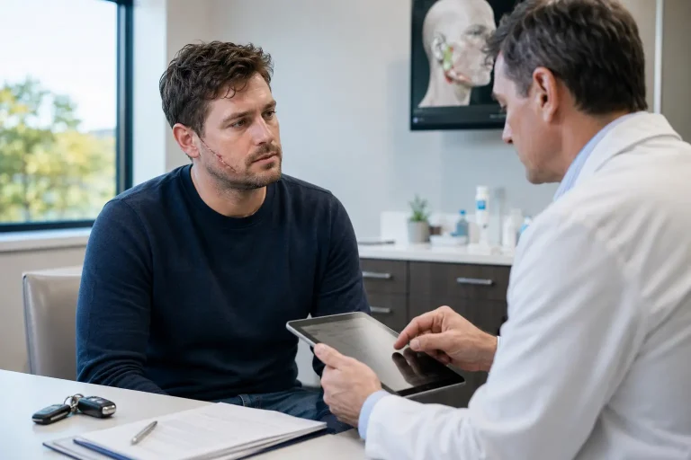 Georgia car accident victim with a visible facial scar discussing treatment and documentation with a doctor.