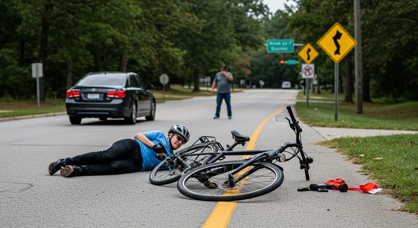 Injured e-bike rider lying on a Georgia road after being hit by a car while police and drivers respond to the crash.