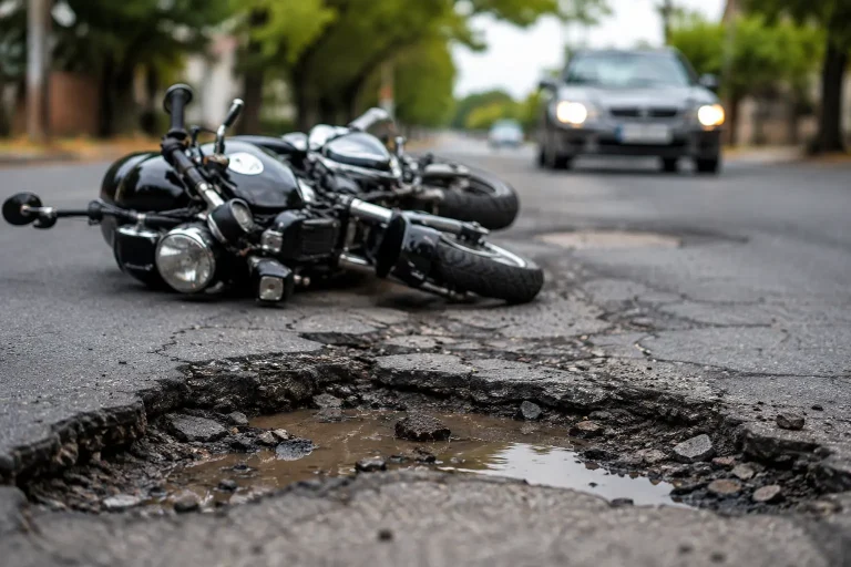 Motorcycle lying on a Georgia road near a large pothole after a crash caused by a road hazard