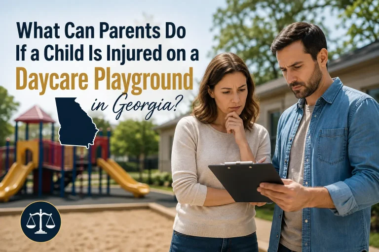Parents reviewing information about a daycare playground injury in Georgia