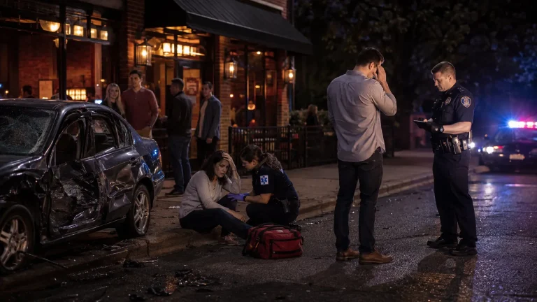 Nighttime Georgia drunk driving crash outside a bar with police, injured victim, and damaged vehicle after suspected overservice.