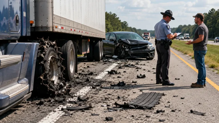 Blown truck tire and damaged car on a Georgia highway while police investigate a tire blowout accident.
