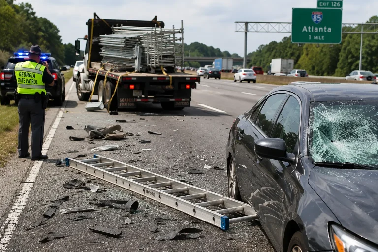 Unsecured ladder and cargo debris on a Georgia interstate after falling from a truck and damaging a car.