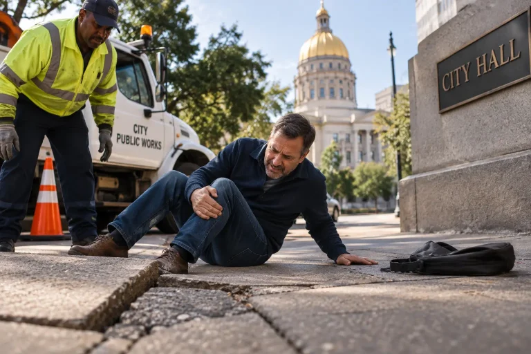 Injured man on a damaged sidewalk near a city public works vehicle in Georgia