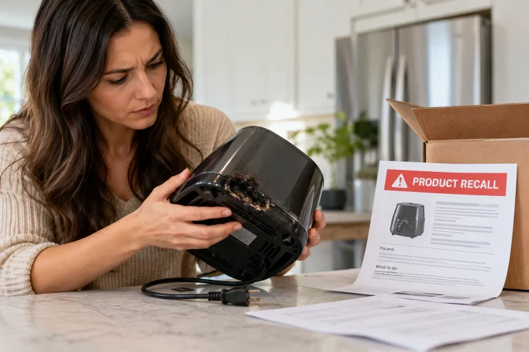 Consumer examining a household appliance with burn damage beside a product recall notice.