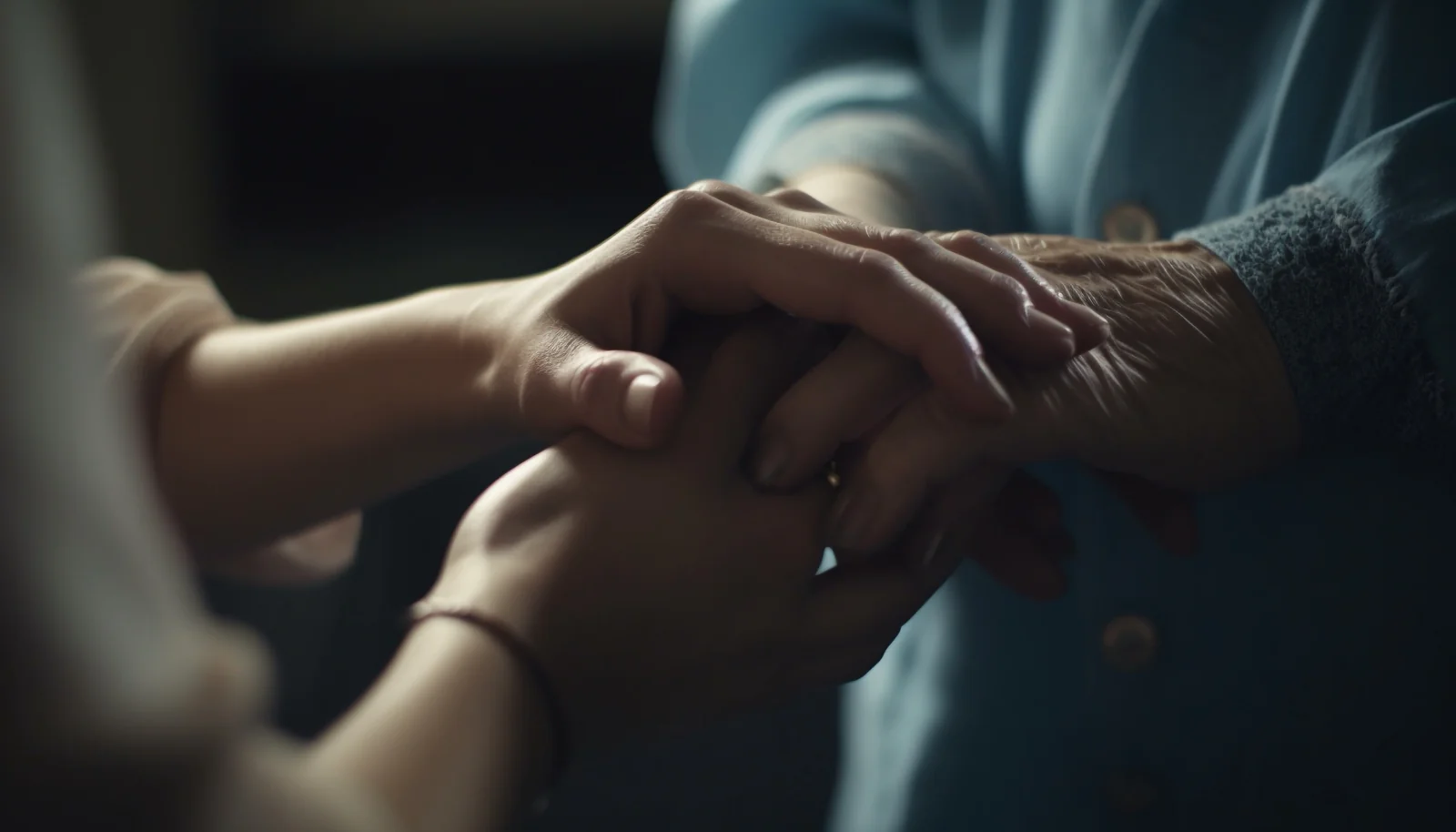 Close-up of one person's hands gently holding another person's hand